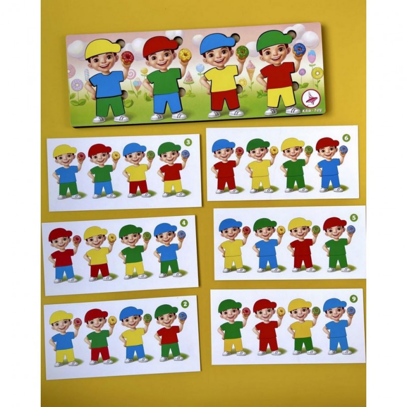 Деревянный пазл-сортер "Мальчики с пончиками" Ubumblebees (ПСФ100) PSF100, 12 деталей и 12 карт