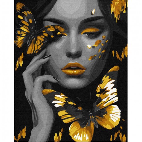 Картина по номерам "Девушка с золотыми бабочками" ©art_selena_ua Идейка KHO8307 40х50 см с красками металлик extra