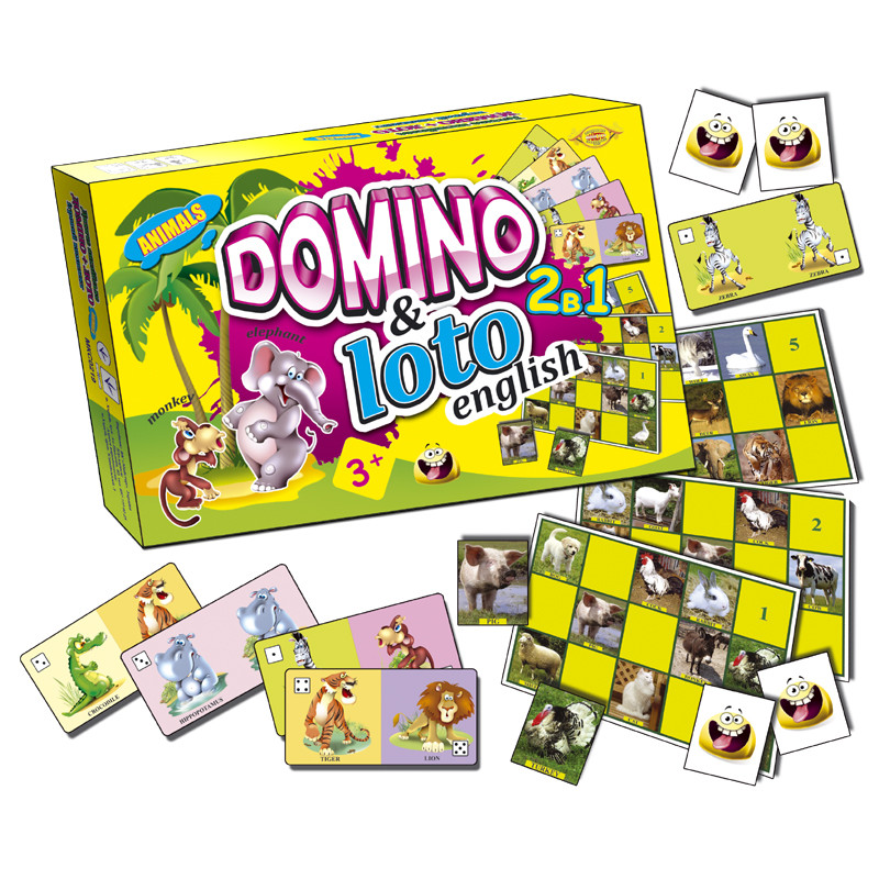 Детская развивающая настольная игра " Домино+Лото. Звери" MKC0219 на англ. языке