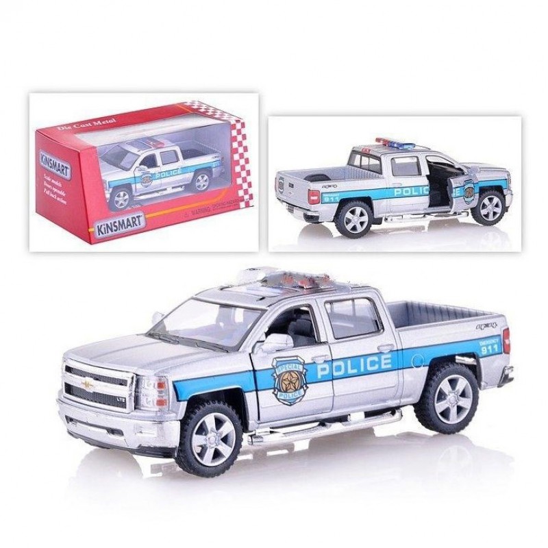 Инерционная машинка "Police" Chevrolet Silverado 2014 KT5381WPR(Silver) серый, масштаб 1:46