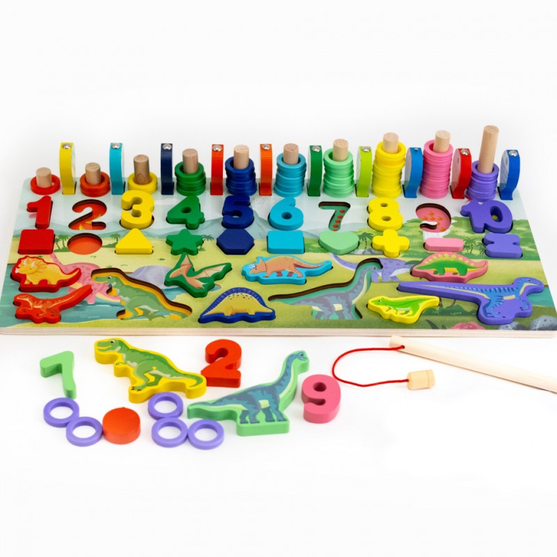 Деревянная игрушка Центр развивающий MD 2758 фигурки, рыбалка, цифры, динозавры