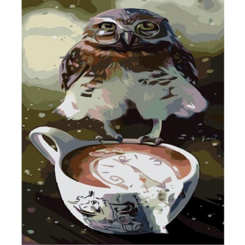 Картина за номерами "Сова і кава" ★★★ Комбінований Різнокольоровий (180784)