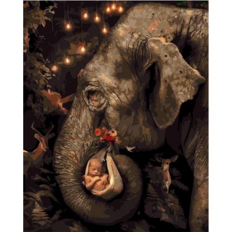 Картина за номерами "Слон несе малюка" ★★★★★ Комбінований Білий (180826)