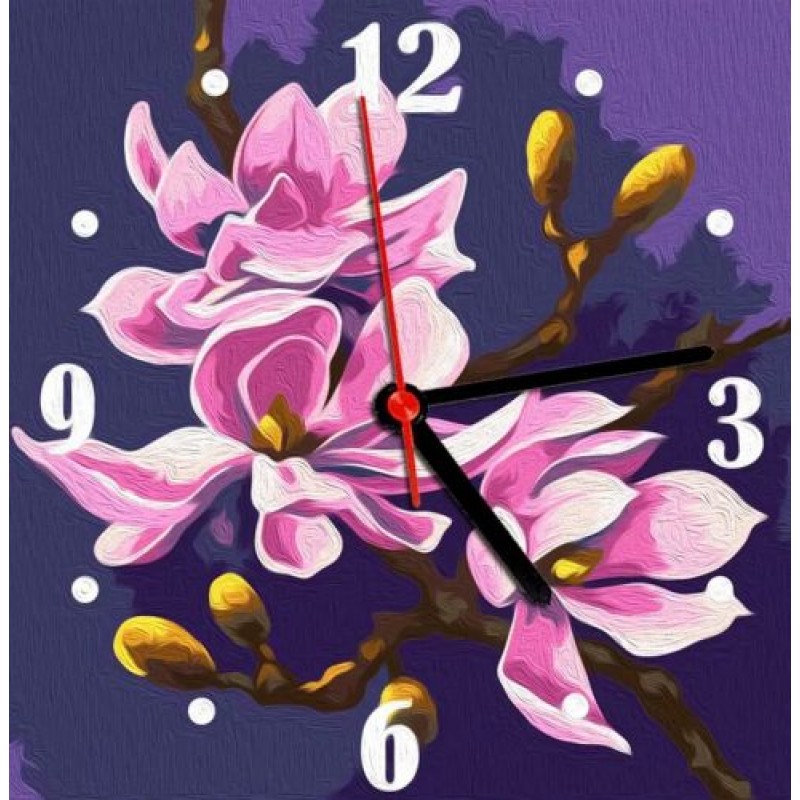 Годинник-картина за номерами "Магнолії", 30х30 см Комбінований Різнобарв'я (220412)