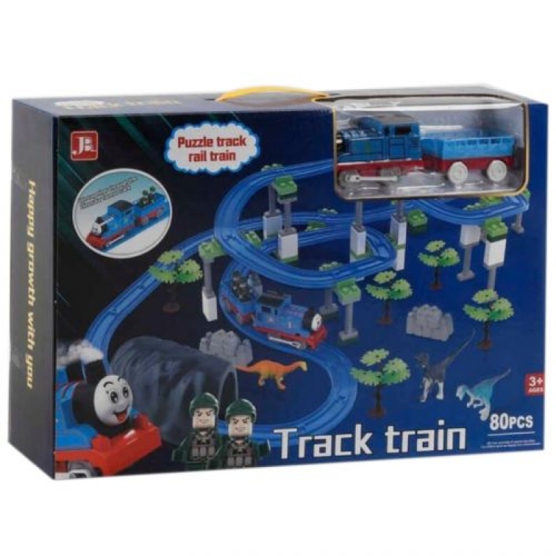 Залізниця 599-28 A на батарейках, 80 деталей, локомотив, вагон, 2 фігурки, 3 динозаври, декорації, аксесуари, звук, в коробці (228009)