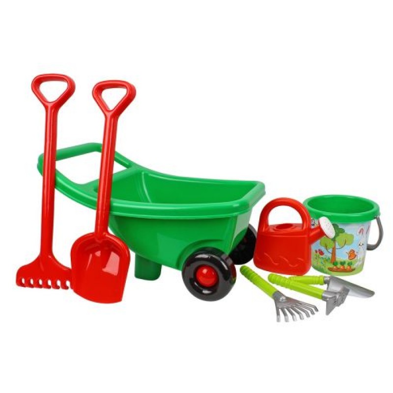 Набір садівника: тачка, лопатка, граблі, відро, лійка, совок, сапка та грабельки Пластик Зелений (241241)