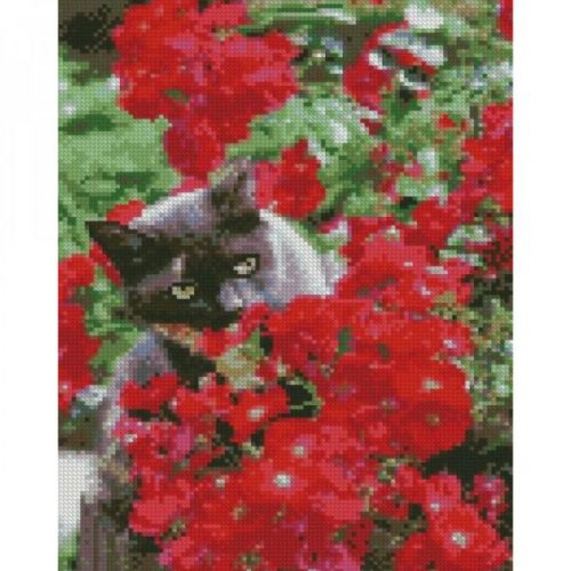 Уцінка. Алмазна мозаїка "Котик у червоних квітах" 30х40 см - пошкоджена упаковка. (228792)