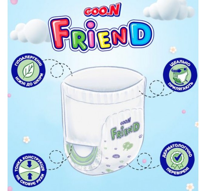 Трусики-підгузки Goo.N Friend для дітей 12-17 кг (розмір 5(XL), 24 шт) нетканий волокнистий матеріал целюлоза суперабсорбуючі полімери еластичні матеріали клейкі речов (248813)