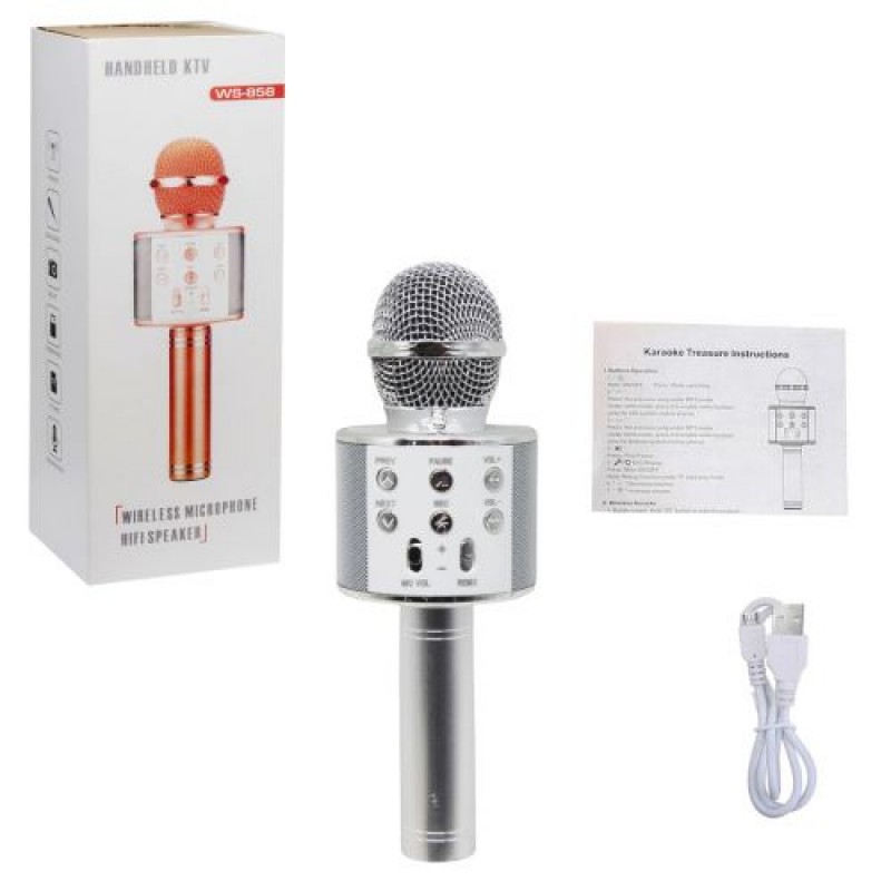 Бездротовий мікрофон караоке, bluetooth, USB, колонка Срібний (218417)