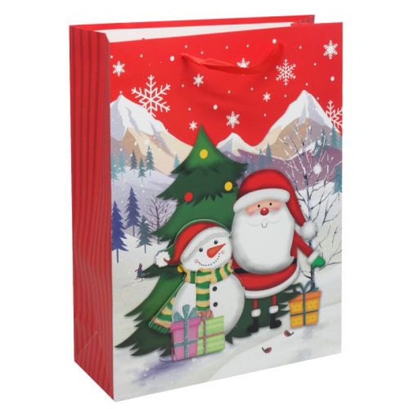 Пакет подарунковий "Санта зі сніговиком" (30х40 см) Картон Червоний (226445)