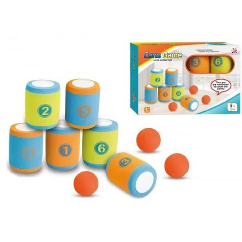 Іграшка банки "Cans Game" 6 банок 10 см, 3 м'ячика 6 см Комбінований Різнобарв'я (203948)