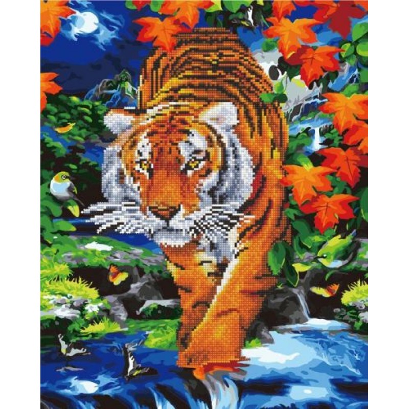 Картина по номерам + Алмазная мозаика "Тигр у реки" ★★★★