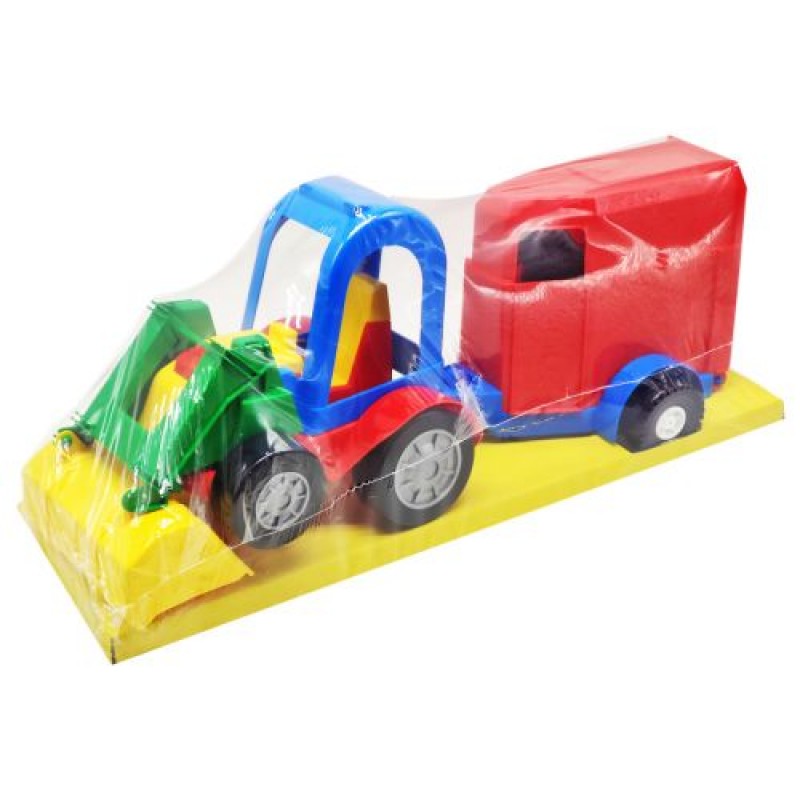 Трактор з причепом для коней синій+червоний Пластик Різнобарв'я (215824)