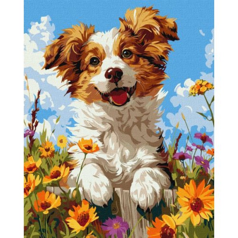 Картина по номерах "Собака у квітах" 40х50 см Комбінований Різнобарв'я (243234)