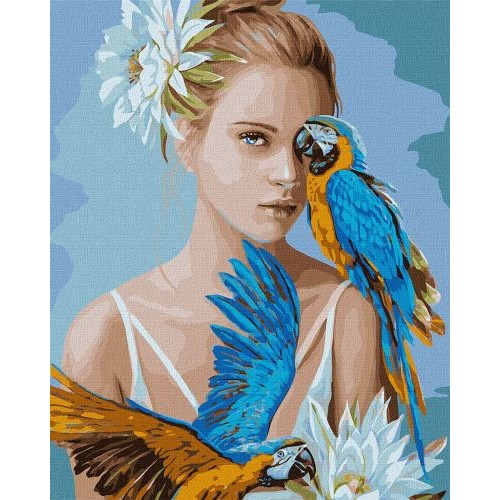 Картина по номерах "Дівчина з блакитними папугами"★★★★ Комбінований Білий (179691)
