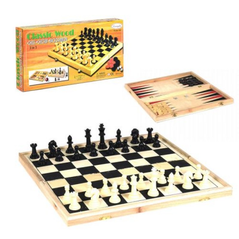 Уцінка. Шахи дерев'яні 3 в 1 - зламані дві планки на ігровому полі, зламаний замок, брудні шахи, поле трохи у фарбі (201040)