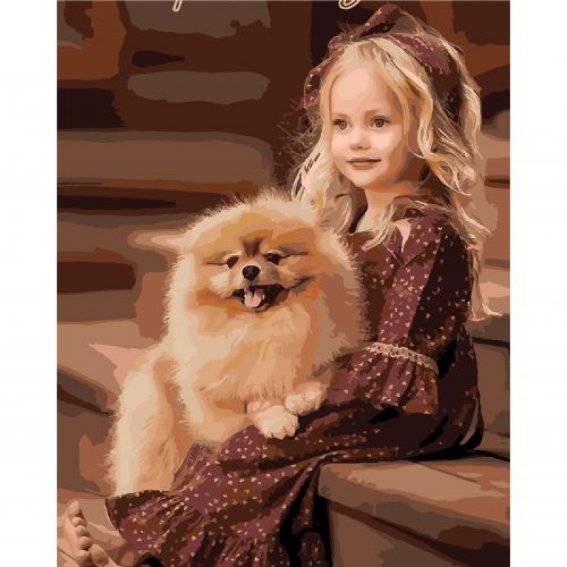 Картина за номерами "Шпіц та маленька дівчинка" 40х50 см Комбінований Різнобарв'я (222588)