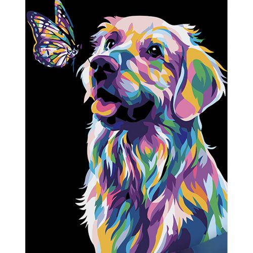 Картина за номерами на чорному фоні "Поп-арт собака з метеликом" 40х50 Комбінований Різнобарв'я (233752)