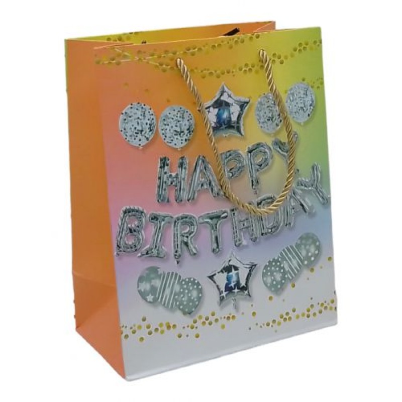 Пакет подарунковий "Happy Birthday"(18х10х23 см.), срібно-жовтий Картон Різнобарв'я (238833)