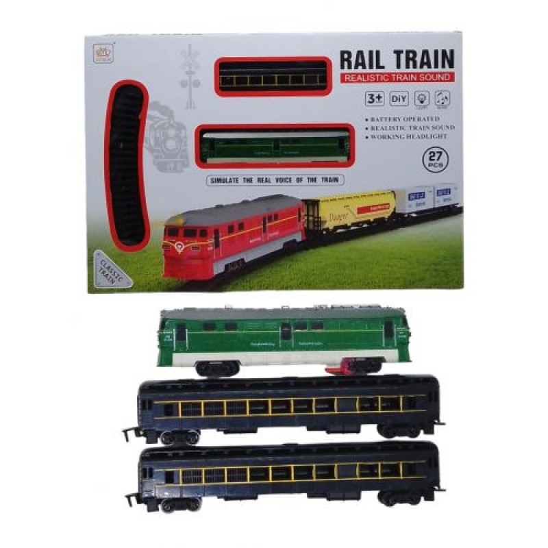 Залізниця "Rail Train", 27 елементів, звук, підсвічування, локомотив, 2 вагони (зелений) Пластик Різнобарв'я (242126)