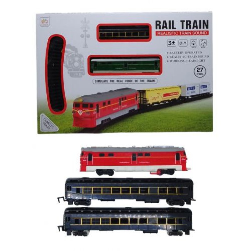Залізниця "Rail Train", 27 елементів, звук, підсвічування, локомотив, 2 вагони (червоний) Пластик Червоний (242127)