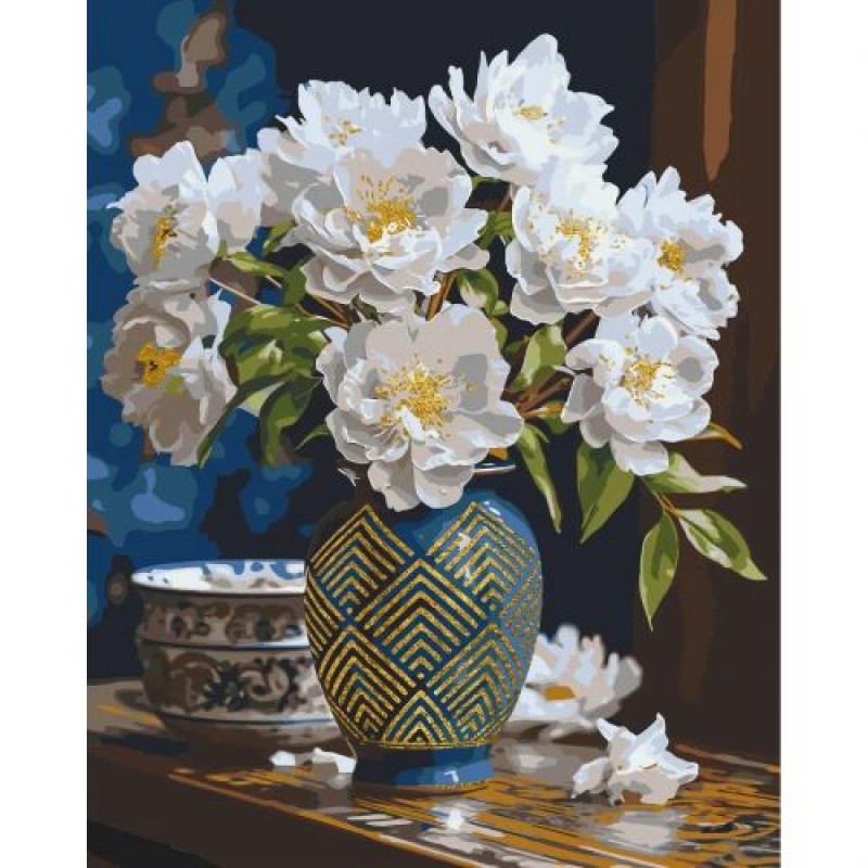 Картина по номерах з фарбами металік "Білі квіти у вазі" 50x60 см Комбінований Різнобарв'я (238292)