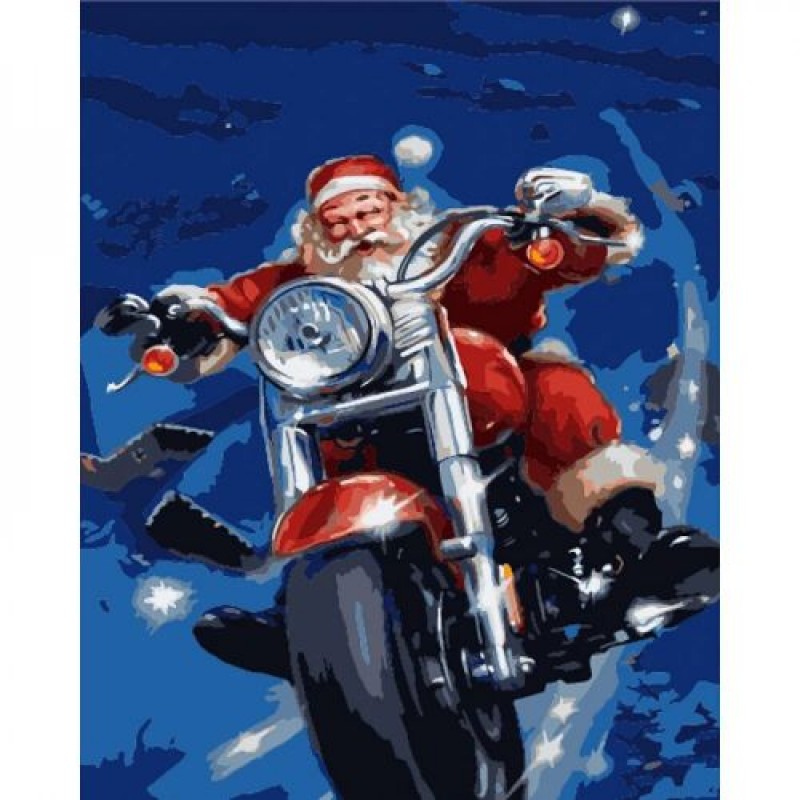 Картина за номерами "Дід Мороз на мотоциклі" ★★★★ Комбінований Різнобарв'я (225650)